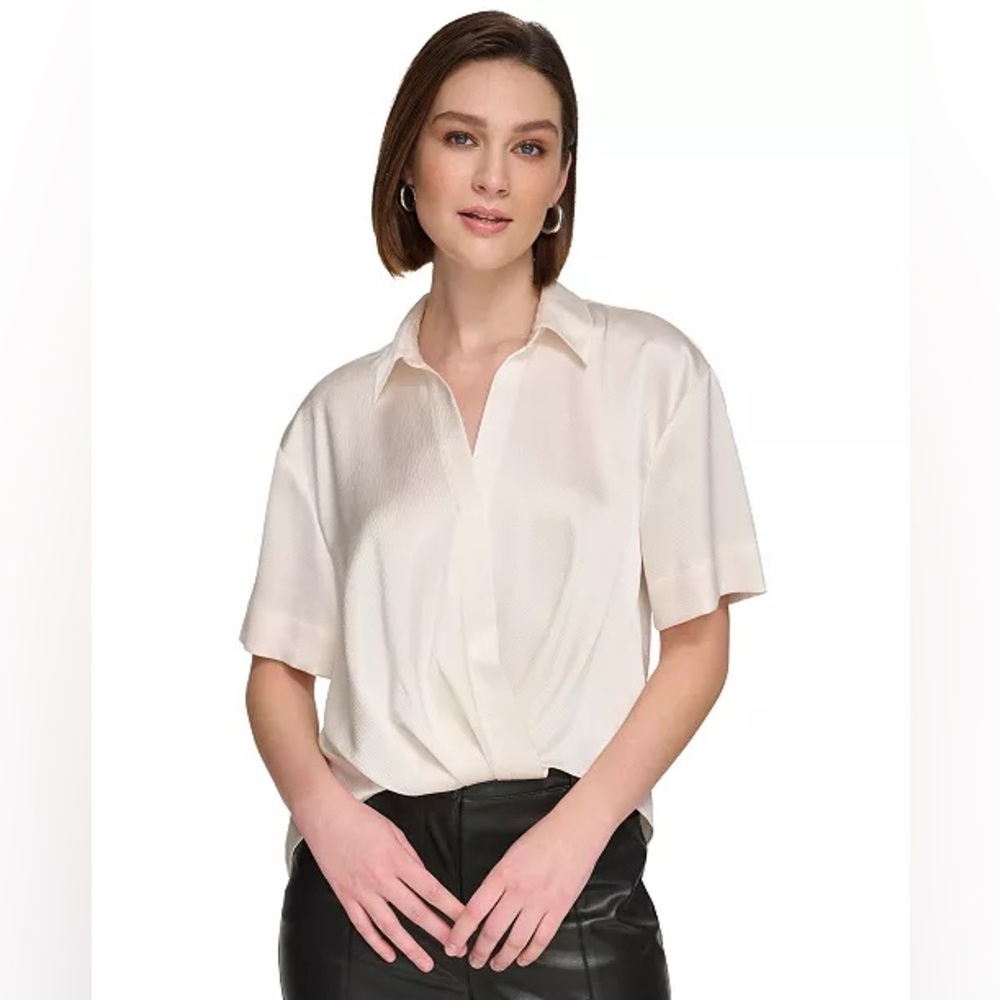Calvin Klein Short Sleeve Faux Wrap Short Sleeve‎ Blouse Side Medium Ivory White